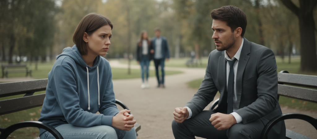 A tense and emotional scene depicting a couple sitting on a park bench, their expressions reflecting underlying jealousy and concern. The foreground shows the woman in a modest, casual outfit, looking away with a frown, while the man, dressed in professional attire, gazes at her with a furrowed brow, hands clenched. In the middle, a blurred couple walking in the background appears close, subtly illustrating the woman's insecurity without being overpowering. Soft, diffused lighting enhances the mood, creating a somber yet intimate atmosphere. The background features softly blurred trees and park elements, giving depth to the scene while maintaining focus on the couple's strained interaction. The overall tone conveys the emotional weight of jealousy impacting their relationship.
