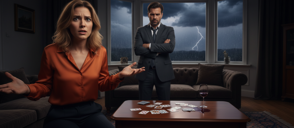 A tense couple stands in an emotionally charged living room, embodying impulsivity and the risks in their relationship. The foreground features a woman with expressive eyes, dressed in smart casual attire, her hands gesturing animatedly, showing frustration. Beside her, a man, also in professional attire, has a contemplative expression, arms crossed, suggesting a struggle for power dynamics. The middle ground showcases a coffee table with scattered playing cards, symbolizing a game of chance. In the softly lit background, a window reveals a stormy sky outside, adding to the atmosphere of conflict and turmoil. The overall mood is intense and dramatic, highlighting the complexities of their relationship. Use a warm, diffused lighting technique to enhance the emotional weight.