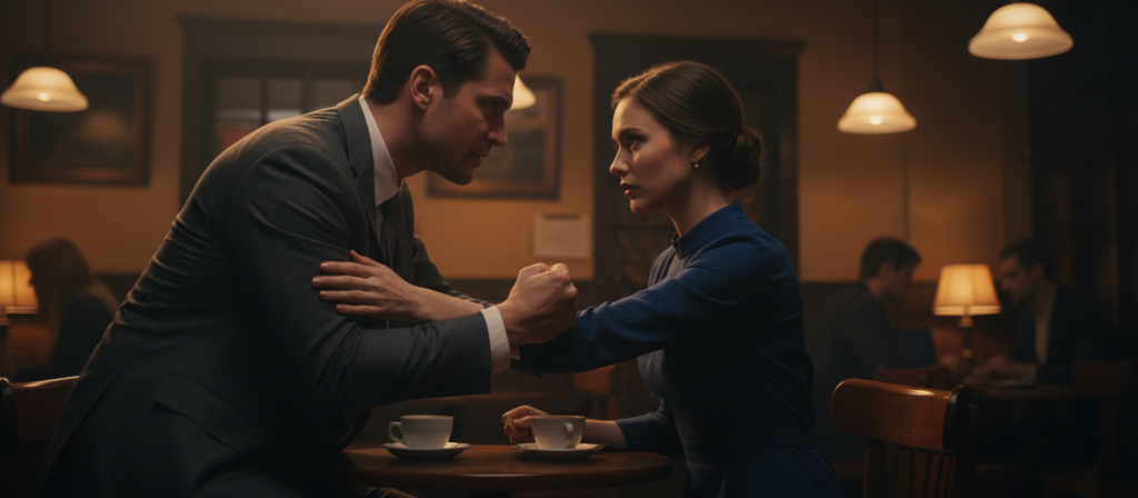 A tense scene illustrating possessiveness and control in relationships, featuring two individuals engaged in a close, intense conversation. In the foreground, a man in a sharp business suit and a woman in a stylish, modest dress stand facing each other, their expressions reflecting conflict and emotion. The middle ground shows a dimly-lit coffee shop atmosphere, with dark wood furniture and warm, ambient lighting creating an intimate yet strained mood. In the background, blurred figures of other patrons add depth without distracting from the main subjects. The angle is slightly low, giving a sense of importance to the couple's interaction, while shadows play across their faces, enhancing the tension and underlying themes of control and possessiveness in interpersonal relationships.