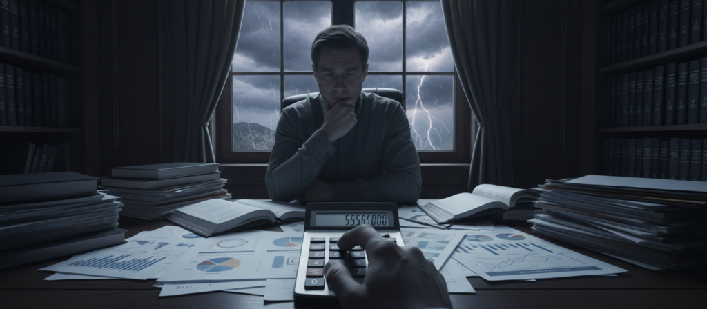 A thoughtful Taurus individual sits at a desk cluttered with financial documents and charts, their expression a mix of concern and contemplation. In the foreground, a close-up of a hand nervously tapping a calculator, symbolizing financial insecurity. The middle-ground features a dimly lit office space with a large window revealing a stormy sky, hinting at impending change and uncertainty. The background includes shelves with books on finance and self-help, representing the search for knowledge and stability. The atmosphere is moody and tense, illuminated by soft, stark lighting casting shadows that enhance the feeling of anxiety. The scene conveys introspection and the struggle with fear of change, inviting viewers into the emotional landscape of Taurus.