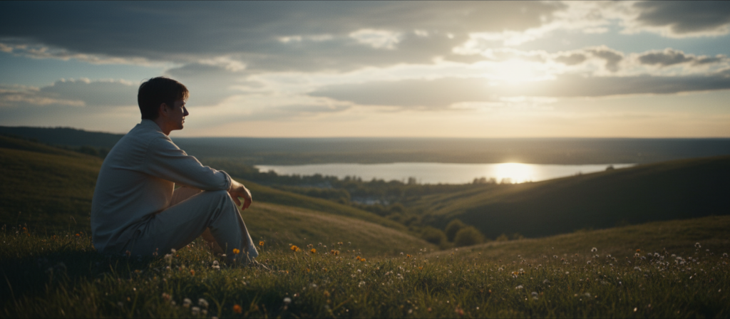 A tranquil and introspective scene depicting the essence of love and detachment related to the Taurus zodiac sign. In the foreground, a person seated on a grassy hill, dressed in modest casual clothing, gazes thoughtfully at a distant horizon. Their expression is a mixture of contemplation and longing. In the middle ground, gentle rolling hills are adorned with blooming wildflowers symbolizing beauty and emotional complexity. Soft beams of golden light filter through the clouds, casting a warm glow on the scene, creating a sense of serenity. In the background, a calm lake reflects the sky, embodying the duality of attraction and destruction. The overall mood is reflective and peaceful, evoking deep emotions associated with the Taurus sign's connection to love and detachment.