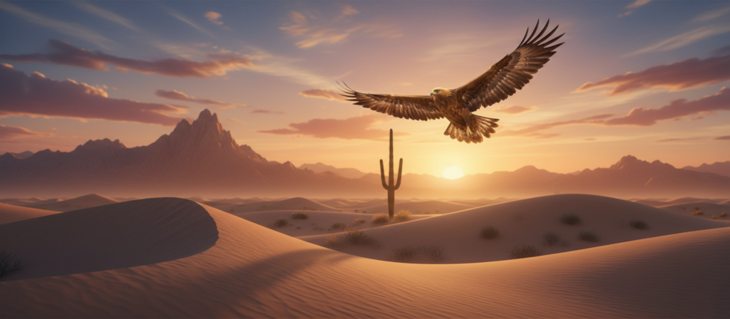 A tranquil scene symbolizing "libertad," featuring a majestic golden eagle soaring high against a vibrant sunset sky. In the foreground, an expansive desert landscape with soft, undulating sand dunes, gently illuminated by the warm light of the setting sun. The middle ground showcases a lone cactus silhouetted against the colorful sky, while the background reveals distant mountains kissed by the last rays of light, creating a sense of depth and freedom. The lighting should be soft and ethereal, evoking a feeling of openness and serenity. The atmosphere is peaceful yet dynamic, capturing the essence of exploration and adventure. The camera angle is slightly low, emphasizing the grandeur of the eagle in flight against this stunning backdrop.