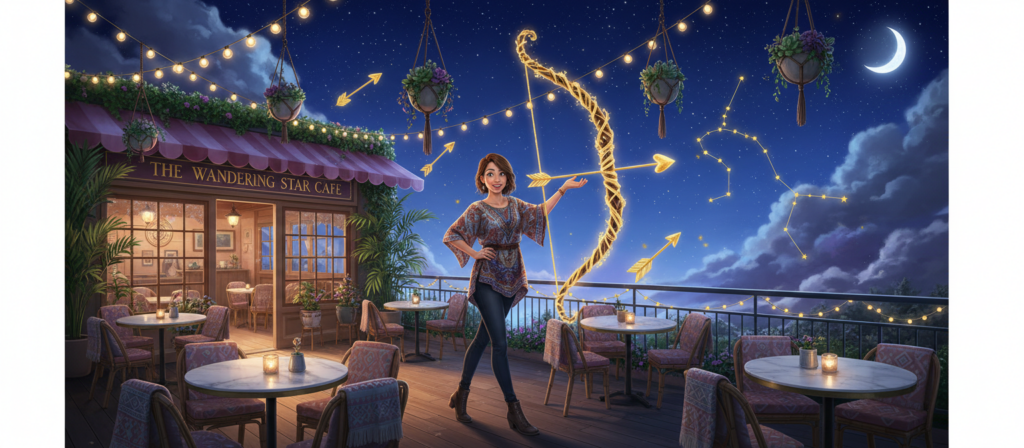 A vibrant and colorful scene depicting a Sagittarius-themed romantic setting. In the foreground, a confident, smiling individual, dressed in a stylish yet modest outfit, embodies the energetic and adventurous spirit of Sagittarius. The middle ground features a cozy café environment, adorned with twinkling fairy lights and lush plants, symbolizing warmth and connection. In the background, a clear night sky filled with stars reflects the Sagittarius connection to exploration and freedom. The lighting is warm and inviting, creating a cheerful and uplifting atmosphere. The camera angle is slightly elevated, capturing both the engaging ambiance of the café and the expressive nature of the Sagittarius character, showcasing their playful yet sincere approach to love in relationships.