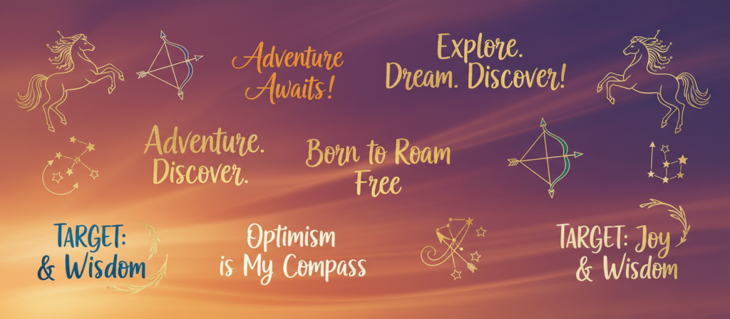 A vibrant, artistic composition showcasing several short, inspiring quotes suitable for WhatsApp and Instagram states, themed around Sagittarius. In the foreground, visually appealing handwritten quotes are elegantly displayed in various fonts and colors, each surrounded by subtle illustrations of Sagittarius symbols like the centaur, stars, and arrows. The middle layer features a soft gradient background blending warm hues of orange and purple to evoke a sense of adventure and enthusiasm. The lighting is warm and inviting, suggestive of a sunset, creating a positive and uplifting atmosphere. The camera angle is slightly above, giving a bird’s-eye view of the layout, enhancing the feeling of inspiration and connection that Sagittarians feel towards life. The image is free from any text, watermarks, or branding elements.
