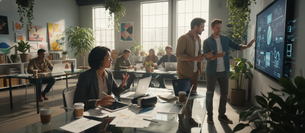 A vibrant, creative workspace featuring a diverse group of individuals focused on collaborative projects. In the foreground, a woman in professional attire is brainstorming at a modern glass table, surrounded by colorful sketches and digital devices. In the middle, two men are engaged in a lively discussion, pointing at a large digital screen displaying creative ideas. The background shows a bright, airy office with greenery, inspiring art on the walls, and large windows letting in warm sunlight, reflecting a sense of innovation and productivity. The scene is illuminated with soft, natural light emphasizing the energetic and dynamic atmosphere, capturing the essence of creativity and focused work.