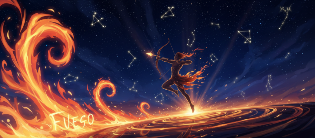 A vibrant depiction of "fuego" symbolizing the mutable fire element of Sagittarius. In the foreground, stylized flames dance and swirl with dynamic energy, reflecting warmth and spontaneity. The middle ground features a silhouette of a free-spirited archer in motion, aiming towards the horizon, embodying freedom and expansion. In the background, a starry night sky is filled with constellations, illuminating the cosmic connections of destiny. Use warm, glowing light that highlights the flames, creating a contrast with the deep blues and blacks of the night sky. The atmosphere is one of exuberance and limitless potential, capturing the essence of Sagittarius's karmic nature. The angle should evoke a sense of upward movement, instilling a feeling of aspiration and adventure.