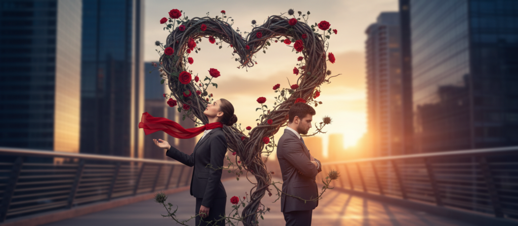 A vibrant depiction of the concept of "amor," showcasing a scene conveying both connection and conflict in romantic relationships. In the foreground, a couple stands back-to-back, dressed in professional business attire, showcasing contrasting emotions; one gazes upwards with a hopeful expression while the other looks down, appearing contemplative and withdrawn. In the middle ground, a heart symbol made of intertwined vines and flowers symbolizes love’s complexity, blending themes of beauty and entrapment. The background features a blurred cityscape during golden hour, bathing the scene in warm sunlight, enhancing the reflective mood. The lighting should create soft shadows to emphasize the duality of commitment and evasion in love, captured from a slightly low angle for dynamic depth.