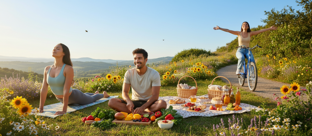 A vibrant, harmonious wellness scene showcasing a healthy routine for Sagittarius. In the foreground, a diverse group of three individuals engaged in various activities: one practicing yoga on a mat, another preparing a colorful, nutritious meal with fresh fruits and vegetables, and the third joyfully cycling along a sunlit path with lush greenery around them. In the middle ground, a cozy outdoor setting with a picnic area featuring healthy snacks and herbal teas, surrounded by blooming flowers. The background reveals rolling hills under a clear blue sky, with soft, golden sunlight bathing the landscape, creating an uplifting and serene atmosphere. The overall mood conveys energy, flexibility, and joy, capturing the essence of a balanced lifestyle. The image is bright and inviting, with a focus on natural beauty and wellness.