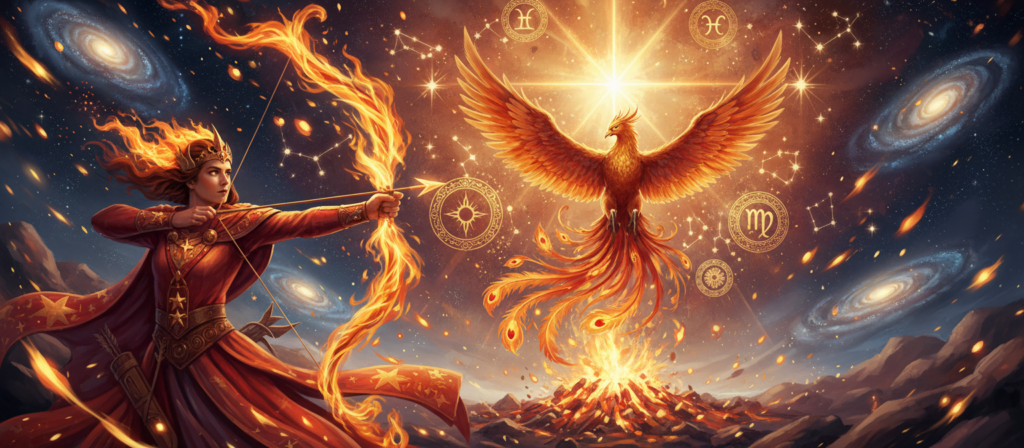 A vibrant illustration representing the fire element of Sagittarius in astrology. In the foreground, a majestic archer, dressed in elegant, flowing attire, draws a bow with an arrow that glows with flickering flames, symbolizing ambition and expansion. The middle ground features a phoenix rising, embodying transformation and spiritual growth, surrounded by ethereal stars and zodiac symbols. The background is a cosmic landscape, portraying swirling galaxies and constellations, illuminated by warm golden light and soft, glowing embers. The atmosphere conveys a sense of adventure and enlightenment, with dynamic movement that inspires a feeling of boundless potential. The scene captures the essence of Sagittarius, highlighting its mutable quality and expansive nature.