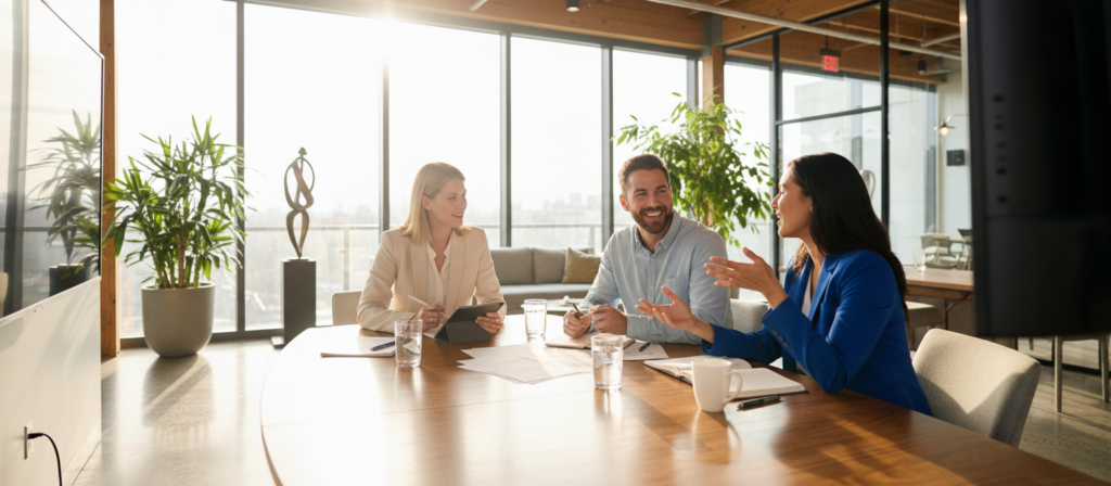 A vibrant office scene showcasing a diverse group of three professionals having a collaborative discussion around a modern conference table. The foreground features one woman in smart business attire highlighting a point, while a man in a casual button-up shirt listens attentively, nodding with enthusiasm. In the middle ground, a third colleague, dressed in a blazer, is taking notes on a digital tablet, surrounded by documents and a cup of coffee. The background reveals a large window with natural light streaming in, illuminating plants and contemporary office decor, creating a warm and inviting atmosphere. The lens should capture this energetic interaction from a slightly elevated angle to emphasize teamwork and camaraderie, conveying a sense of unity and professional rapport. A vibrant office scene showcasing a diverse group of three professionals having a collaborative discussion around a modern conference table. The foreground features one woman in smart business attire highlighting a point, while a man in a casual button-up shirt listens attentively, nodding with enthusiasm. In the middle ground, a third colleague, dressed in a blazer, is taking notes on a digital tablet, surrounded by documents and a cup of coffee. The background reveals a large window with natural light streaming in, illuminating plants and contemporary office decor, creating a warm and inviting atmosphere. The lens should capture this energetic interaction from a slightly elevated angle to emphasize teamwork and camaraderie, conveying a sense of unity and professional rapport.