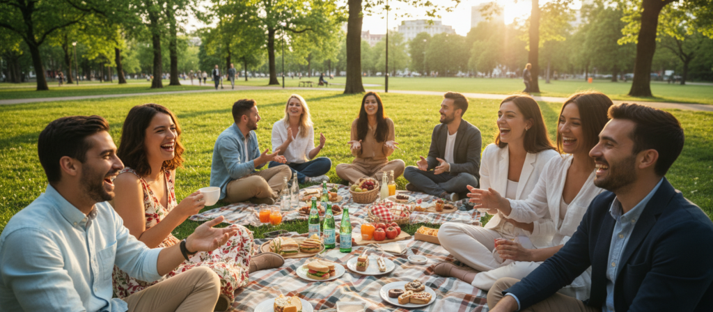 A vibrant outdoor gathering showcasing the essence of sociability and friendship among diverse individuals. In the foreground, a group of friends, laughing and engaging in conversation, dressed in smart casual attire, radiating warmth and camaraderie. The middle ground features a picnic setup with blankets and refreshments, symbolizing sharing and connection. People are animatedly sharing stories, exemplifying the difference between sociability and deeper friendships. The background shows a sunny park with lush greenery, hinting at an inviting atmosphere. Soft, golden hour lighting creates a relaxed and cheerful ambiance, capturing the joy of social interaction. The scene is framed from a slightly elevated angle, providing a comprehensive view that emphasizes the togetherness and vibrant energy of the gathering.