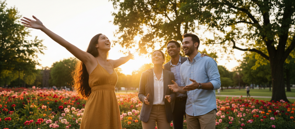 A vibrant scene capturing the essence of optimism and enthusiasm, featuring a diverse group of four people engaged in a lively outdoor setting. In the foreground, a woman with flowing dark hair and a bright yellow dress is laughing with her arms raised, embodying joy. In the middle, a smiling man in a light blue shirt shares enthusiastic ideas with a person in business casual attire, nodding with excitement. Behind them, a sunlit park filled with greenery and blooming flowers adds warmth and life to the background. The sun sets on the horizon, casting a golden glow over the scene, enhancing the cheerful atmosphere. The angle is slightly elevated, offering a full view of the group amid the lively scenery, promoting a sense of connection and positivity.