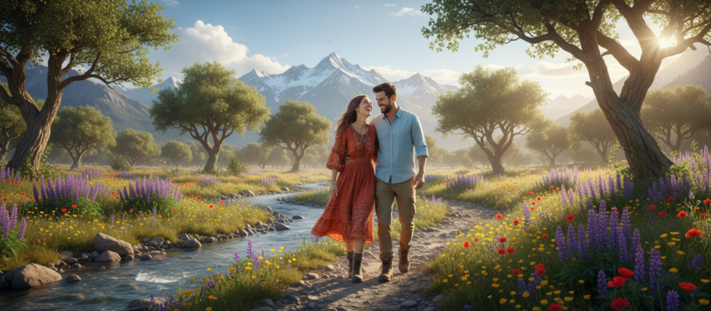 A vibrant scene depicting a couple enjoying an adventurous outdoor experience, capturing the essence of harmony and enthusiasm in a Sagittarian romantic context. The foreground features a joyful man and woman, dressed in casual yet stylish clothing, laughing and embracing as they explore a breathtaking landscape filled with lush greenery and a flowing river. In the middle ground, the couple is surrounded by colorful wildflowers and towering trees, creating an inviting atmosphere. The background reveals majestic mountains under a bright blue sky adorned with fluffy white clouds, symbolizing freedom and exploration. Soft, warm sunlight filters through the trees, casting gentle shadows and enhancing the lively mood, emphasizing their connection and love for adventure.