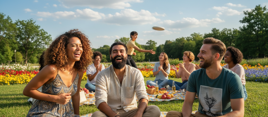 A vibrant scene depicting a diverse group of friends, celebrating together in a sunlit park. In the foreground, three individuals—two men and one woman—are engaged in laughter, dressed in stylish casual clothing. The woman has shoulder-length curly hair, while one man has a bearded look, and the other has short hair. In the middle ground, other friends are joining in the cheerful atmosphere, some enjoying a picnic, others playfully throwing a frisbee. The background features lush greenery, colorful flowers, and a bright blue sky scattered with fluffy clouds. The image should convey a warm, joyful mood, with soft natural lighting enhancing the lively colors. Capture this moment from a slightly elevated angle to show the interconnectedness of the group while maintaining focus on their expressions of happiness and friendship.