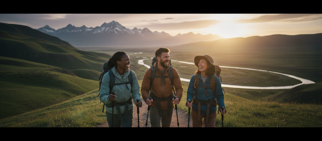 A vibrant scene depicting adventure and travel, featuring a diverse group of friends engaged in an exhilarating outdoor activity, such as hiking up a majestic mountain or exploring a lush forest. In the foreground, capture three friends, dressed in stylish yet practical hiking gear, laughing and sharing stories, with their backpacks and trekking poles visible. The middle ground showcases a breathtaking landscape with rolling hills, a winding river, and the sun setting in the background, casting a warm golden light that enhances the sense of adventure. The atmosphere is filled with excitement and camaraderie, evoking a feeling of stepping out of one's comfort zone. Use a wide-angle lens to emphasize the vastness of nature and the joy of exploration, with soft, natural lighting to create a welcoming ambiance.