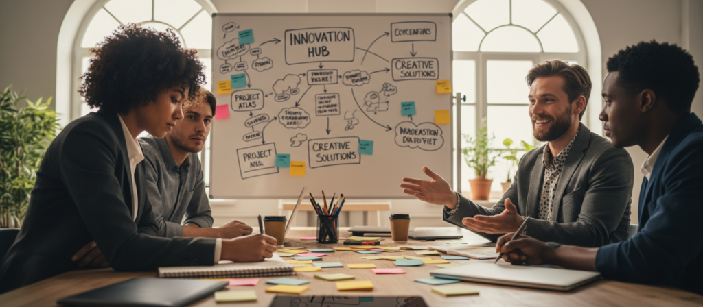 A vibrant workspace filled with creative energy, showcasing a group of four diverse professionals collaborating around a large table. In the foreground, a focused woman in business attire, brainstorming ideas on a notepad, with colorful sticky notes scattered around her. Beside her, a man in smart casual clothing gestures enthusiastically as he shares his thoughts. In the middle ground, a large whiteboard filled with mind maps and creative concepts reflects innovative thinking. In the background, bright windows let in natural light, creating an inviting atmosphere. The mood is dynamic and inspirational, emphasizing teamwork and creativity. Capture this scene with a shallow depth of field to highlight the engaged faces of the professionals, while keeping the background slightly blurred. Use warm lighting to amplify the sense of positivity and collaboration. A vibrant workspace filled with creative energy, showcasing a group of four diverse professionals collaborating around a large table. In the foreground, a focused woman in business attire, brainstorming ideas on a notepad, with colorful sticky notes scattered around her. Beside her, a man in smart casual clothing gestures enthusiastically as he shares his thoughts. In the middle ground, a large whiteboard filled with mind maps and creative concepts reflects innovative thinking. In the background, bright windows let in natural light, creating an inviting atmosphere. The mood is dynamic and inspirational, emphasizing teamwork and creativity. Capture this scene with a shallow depth of field to highlight the engaged faces of the professionals, while keeping the background slightly blurred. Use warm lighting to amplify the sense of positivity and collaboration.