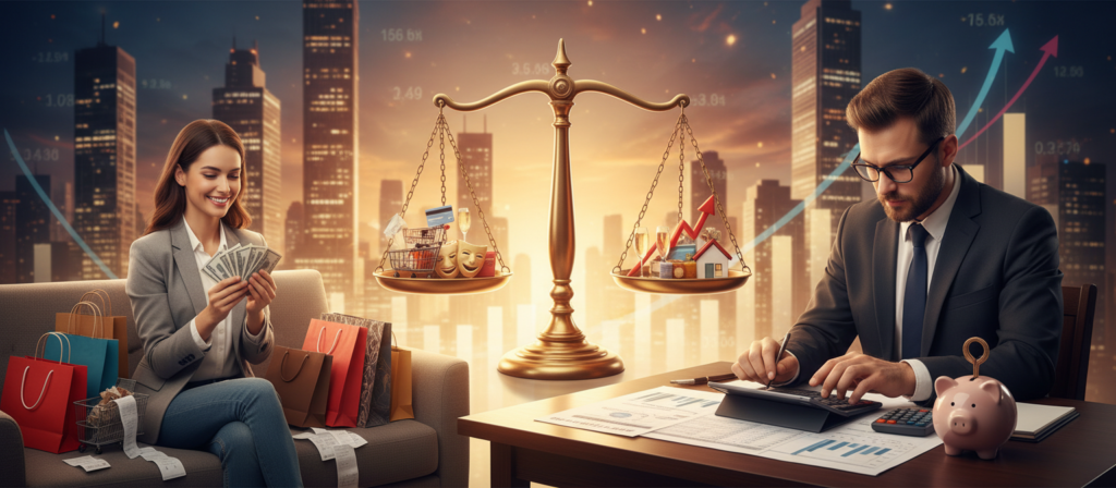 A visual representation of financial duality, depicting a Gemini theme, where two individuals embody contrasting financial behaviors. In the foreground, one person, dressed in a smart casual outfit, enthusiastically counts money while surrounded by shopping bags filled with purchases. The other individual, clad in professional business attire, diligently sorts through a calculator and budget sheets, reflecting a mindset focused on saving. In the middle ground, elaborate scales balance symbols of expenditure (like shopping and entertainment) on one side and savings (like piggy banks and investment charts) on the other. The background features an abstract blend of cityscapes and financial graphs blending together, with warm, inviting lighting that evokes a dynamic yet thoughtful atmosphere. A visual representation of financial duality, depicting a Gemini theme, where two individuals embody contrasting financial behaviors. In the foreground, one person, dressed in a smart casual outfit, enthusiastically counts money while surrounded by shopping bags filled with purchases. The other individual, clad in professional business attire, diligently sorts through a calculator and budget sheets, reflecting a mindset focused on saving. In the middle ground, elaborate scales balance symbols of expenditure (like shopping and entertainment) on one side and savings (like piggy banks and investment charts) on the other. The background features an abstract blend of cityscapes and financial graphs blending together, with warm, inviting lighting that evokes a dynamic yet thoughtful atmosphere.