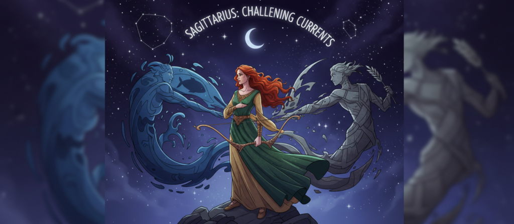 A visually engaging illustration representing the concept of zodiac compatibility, specifically focusing on the sign of Sagittarius and its challenging combinations. In the foreground, a confident Sagittarius figure, dressed in elegant, modest attire, gazes thoughtfully into the distance. The middle ground features symbolic representations of signs that traditionally clash with Sagittarius, such as Pisces and Virgo, depicted in abstract forms to convey tension and friction. The background showcases a starry night sky filled with twinkling stars, enhancing the mystical atmosphere. Soft, cool lighting creates a contemplative mood, while a slight blur on the edges helps focus attention on the central figures. The angle should be slightly tilted, adding an intriguing perspective to the scene, highlighting the complexity of zodiac relationships. A visually engaging illustration representing the concept of zodiac compatibility, specifically focusing on the sign of Sagittarius and its challenging combinations. In the foreground, a confident Sagittarius figure, dressed in elegant, modest attire, gazes thoughtfully into the distance. The middle ground features symbolic representations of signs that traditionally clash with Sagittarius, such as Pisces and Virgo, depicted in abstract forms to convey tension and friction. The background showcases a starry night sky filled with twinkling stars, enhancing the mystical atmosphere. Soft, cool lighting creates a contemplative mood, while a slight blur on the edges helps focus attention on the central figures. The angle should be slightly tilted, adding an intriguing perspective to the scene, highlighting the complexity of zodiac relationships.