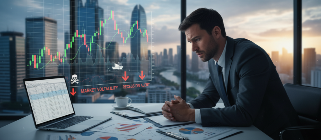 A visually engaging scene depicting financial risks, set in a modern office environment. In the foreground, a professional person in business attire, looking concerned, studies reports on a desk cluttered with documents, charts, and a laptop. The middle ground features a large screen displaying fluctuating stock market graphs and warning signs indicative of potential financial pitfalls, such as warning icons and red arrows pointing downwards. The background shows large windows with a city skyline, suggesting a dynamic urban setting. The lighting is bright and slightly dramatic, emphasizing the tension in the atmosphere, while a shallow depth of field draws focus to the person and the intricate details of their paperwork.