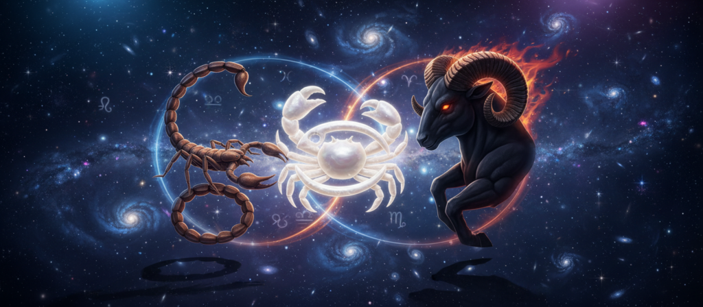A visually striking comparison of the Cancer zodiac sign against other signs associated with vengeance, such as Scorpio and Aries. In the foreground, depict a stylized Cancer symbol with a crab, dynamically intertwined with fierce representations of Scorpio and Aries, such as a scorpion and ram, respectively. Use a mystical, cosmic background filled with stars and swirling galaxies to enhance the celestial theme. Soft yet dramatic lighting highlights the symbols, creating a sense of depth and intrigue, while shadows cast from the figures suggest tension and rivalry. The atmosphere is enigmatic and powerful, evoking a sense of urgency and intensity reflective of the emotional depth of vengeance. Use a wide-angle lens to capture the full scope of this astrological confrontation, maintaining a balanced composition that invites viewers to explore the relationships between the signs.