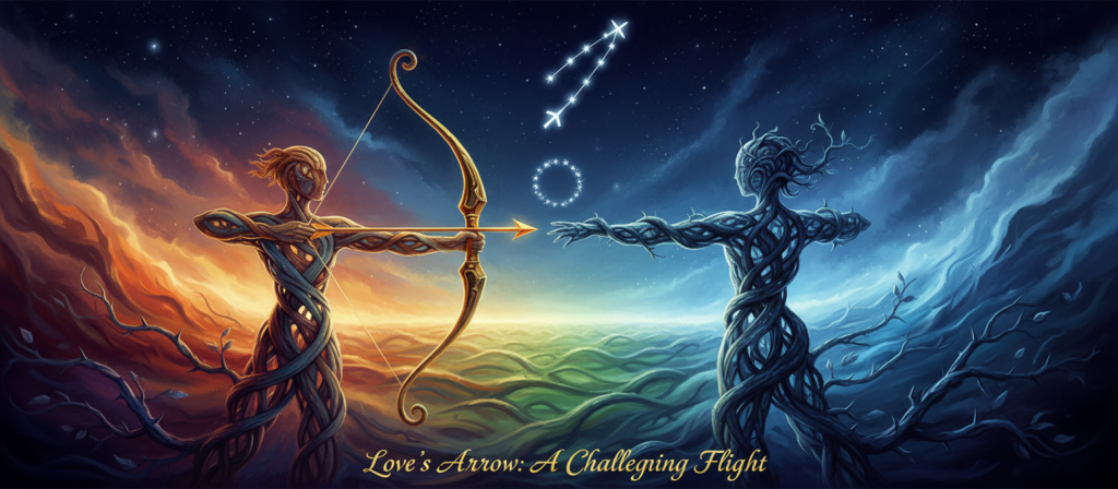 A visually striking image that embodies the concept of challenging compatibility in marriage, centered around a Sagittarius theme. In the foreground, two abstract figures symbolize a Sagittarius and their challenging partner, depicted with intertwined elements representing both conflict and harmony—perhaps a bow and arrow alongside tangled vines. In the middle ground, a contrast of warm and cool colors illustrates the dynamic of their relationship, with inflections of golds and blues. The background features a starry night sky with constellations twinkling, evoking the theme of astrology. Soft, diffused lighting casts a gentle glow over the scene, enhancing the emotional intensity. The atmosphere is reflective yet hopeful, suggesting that love requires effort and understanding in challenging times, while maintaining a sense of professionalism and artistry. A visually striking image that embodies the concept of challenging compatibility in marriage, centered around a Sagittarius theme. In the foreground, two abstract figures symbolize a Sagittarius and their challenging partner, depicted with intertwined elements representing both conflict and harmony—perhaps a bow and arrow alongside tangled vines. In the middle ground, a contrast of warm and cool colors illustrates the dynamic of their relationship, with inflections of golds and blues. The background features a starry night sky with constellations twinkling, evoking the theme of astrology. Soft, diffused lighting casts a gentle glow over the scene, enhancing the emotional intensity. The atmosphere is reflective yet hopeful, suggesting that love requires effort and understanding in challenging times, while maintaining a sense of professionalism and artistry.
