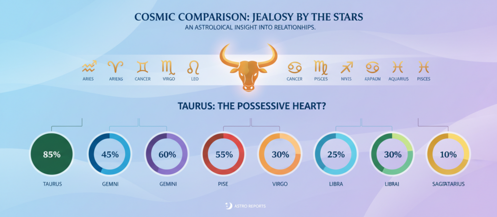 A visually striking infographic depicting a comparison of jealousy levels across different zodiac signs, with a focus on Taurus. In the foreground, vibrant pie charts illustrate percentage levels for each sign, each in distinct colors. The middle layer features symbols of the zodiac signs neatly arranged, with Taurus displayed prominently. In the background, a soft, ethereal gradient transitioning from light blue to purple creates a calming atmosphere. Utilize warm, soft lighting to give the image an inviting feel, while keeping the overall design clean and professional. The composition should be symmetrical, and the perspective should be slightly elevated for depth. The mood should be analytical yet approachable, appealing to those interested in astrology and personal relationships.