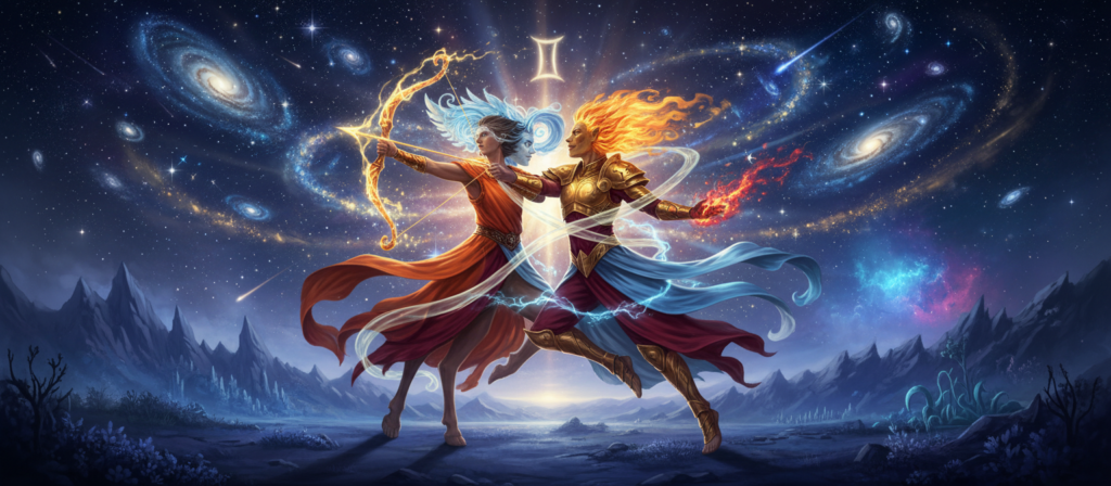 A visually striking representation of the astrological signs associated with Sagittarius, highlighting their complex attraction and destructive tendencies. In the foreground, two stylized representations of Sagittarius and its contrasting signs are intertwined, symbolizing both connection and tension—each figure adorned in ethereal, flowing garments reflecting their zodiac elements. The middle ground features a celestial backdrop of twinkling stars and a vibrant Milky Way, enhancing the cosmic theme. The background fades into a dreamlike landscape painted in deep blues and purples, evoking a sense of mystery. Soft, warm lighting bathes the scene, casting gentle shadows and creating an ethereal glow. The overall mood is one of intrigue and contradiction, capturing the duality of attraction and destruction inherent in their relationships.