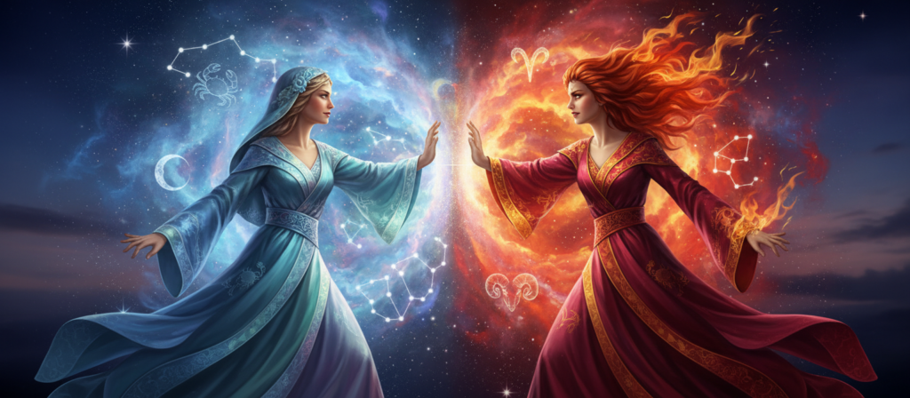 A visually striking representation of the zodiac signs associated with Cancer, illustrating difficult pairings that should not coexist. In the foreground, two distinct characters embodying conflicting signs—one representing Cancer, depicted as a nurturing figure, draped in soft blues and silvers, with a gentle expression, and the opposing sign represented by a fiery, passionate character in bold reds and oranges, conveying tension and frustration. In the middle ground, a celestial backdrop of stars and constellations creates an ethereal atmosphere, with contrasting color palettes representing the signs' differing energies. The background fades into a soft twilight sky, enhancing the overall mood of conflict and complexity. Use dramatic lighting with highlights to accentuate the characters’ expressions and the contrasting nature of their interactions. Aim for a balance between artistic abstraction and clear symbolism.
