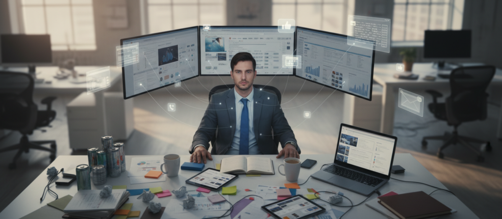 A visually striking scene illustrating "distraction and dispersion," featuring a chaotic workspace in the foreground. A desk scattered with colorful papers, half-empty coffee cups, and multiple open devices, depicting mental overwhelm. In the middle ground, a person in professional attire is shown, staring blankly at multiple screens, their expression reflecting confusion and indecision. Surrounding them, floating ghostly images of various activities—social media, emails, phone calls—enhance the feeling of being pulled in different directions. The background fades into a softly blurred office environment with warm, diffused lighting, creating an atmosphere of tension and distraction. Capture this moment from a slightly elevated angle, emphasizing the clutter and the person's sense of disarray.