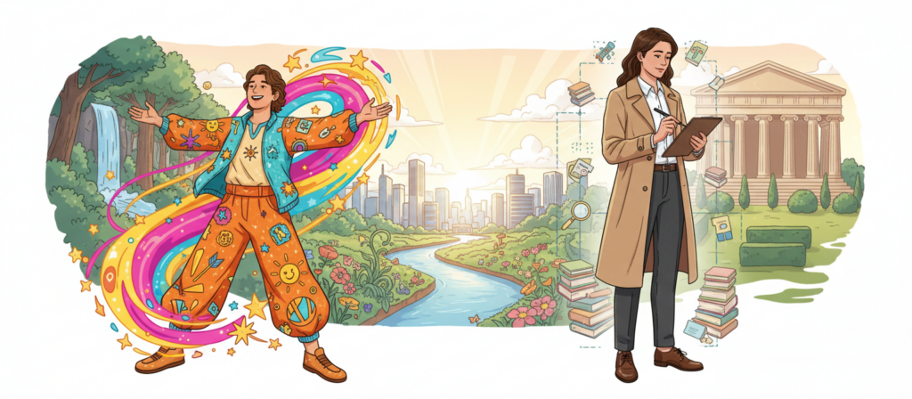 A vivid representation of the astrological compatibility between Sagittarius and Virgo, showcasing their contrasting traits. In the foreground, a Sagittarius figure, dressed in colorful, casual attire, radiates enthusiasm and spontaneity, surrounded by a burst of bright colors and playful elements like stars and arrows. In contrast, a Virgo figure stands beside them, dressed in muted, professional clothing, with a composed expression, holding a clipboard and a pen, symbolizing perfectionism and attention to detail. The middle ground features a harmonious blend of nature and urban elements, representing their coexistence, with a sunny sky above casting warm, inviting light. The background illustrates a serene setting, with hints of both lush greenery and structured architecture, suggesting balance between freedom and order. The mood evokes a sense of dynamic energy intertwined with calm contemplation.