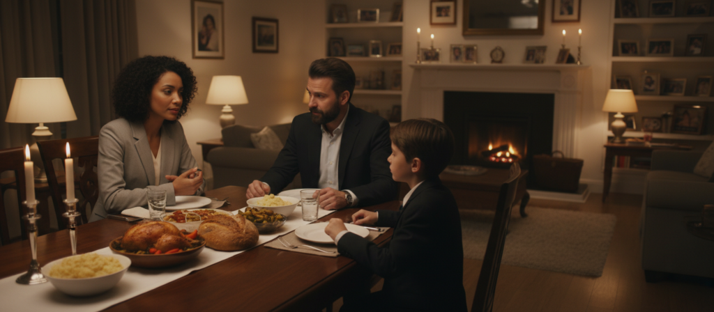 A warm and intimate family gathering around a cozy dining table, showcasing deep connections and loyalty amidst a discussion. In the foreground, a diverse group of three individuals—two adults and one child—are engaged in conversation, wearing professional business attire. The middle ground features a beautifully set table with comforting dishes, light glinting off polished utensils, symbolizing togetherness. In the background, a softly lit room filled with family photos and mementos creates a nostalgic atmosphere. The lighting is warm and inviting, casting gentle shadows that enhance the emotional depth of the scene. The angle captures the dynamic between family members, emphasizing empathy and understanding, embodying the theme of loyalty and support in discussions. A warm and intimate family gathering around a cozy dining table, showcasing deep connections and loyalty amidst a discussion. In the foreground, a diverse group of three individuals—two adults and one child—are engaged in conversation, wearing professional business attire. The middle ground features a beautifully set table with comforting dishes, light glinting off polished utensils, symbolizing togetherness. In the background, a softly lit room filled with family photos and mementos creates a nostalgic atmosphere. The lighting is warm and inviting, casting gentle shadows that enhance the emotional depth of the scene. The angle captures the dynamic between family members, emphasizing empathy and understanding, embodying the theme of loyalty and support in discussions.