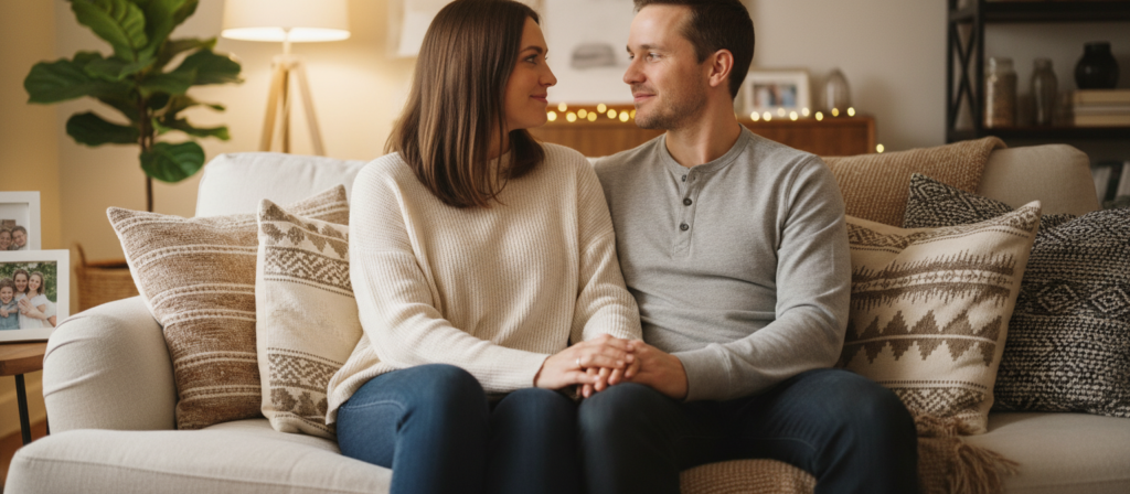 A warm, intimate scene showcasing a loving couple sitting closely on a comfortable couch, surrounded by soft pillows and a cozy blanket. The foreground features their clasped hands, symbolizing connection and support. In the middle, the couple gazes into each other's eyes, radiating tenderness and trust, dressed in modest, stylish casual clothing. The background is softly blurred, hinting at a tastefully decorated room with warm lighting that enhances the romantic atmosphere, possibly with plants and family photos to add depth. The lighting is soft and diffused, creating a serene and inviting ambiance, capturing the essence of love and strong bonds that are both beautiful and complex.