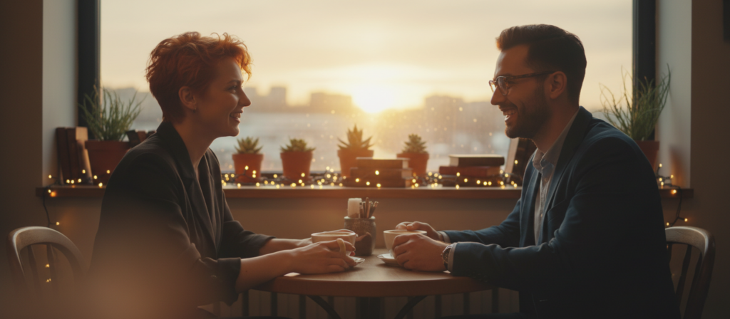 A warm, intimate setting in a cozy café, with two individuals representing Gemini traits, engaged in a deep conversation. In the foreground, a man and woman in business casual attire, both smiling and making eye contact, showcasing a connection filled with curiosity and playful chemistry. The woman has short, vibrant hair, and the man wears glasses, emphasizing their unique personalities. In the middle ground, tasteful decor with soft lights and small plants enhances the cozy atmosphere. The background features a window with a gentle sunset glow streaming in, casting a warm ambiance. The overall mood is inviting and inspiring, reflecting the passionate and adaptable nature of Geminis in love. Use a soft focus to create a dreamy effect.