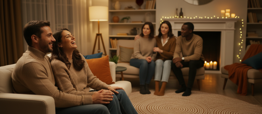 A warm, inviting scene depicting a close-knit gathering of diverse individuals engaging in deep conversation, illustrating emotional connections. In the foreground, two people, a man and a woman, sit closely together on a comfortable sofa, their body language open and warm, sharing a laugh. The middle ground features a small group of three individuals, one showing a nurturing gesture towards another, emphasizing camaraderie and support. The background reveals soft, ambient lighting that casts a cozy glow, with tasteful decor reflecting a serene atmosphere, like warm colors and soft textures. A slight bokeh effect in the background focuses on the connections in the foreground, creating an intimate vibe. The overall feeling should be one of warmth, love, and genuine connection. No text or logos are present. A warm, inviting scene depicting a close-knit gathering of diverse individuals engaging in deep conversation, illustrating emotional connections. In the foreground, two people, a man and a woman, sit closely together on a comfortable sofa, their body language open and warm, sharing a laugh. The middle ground features a small group of three individuals, one showing a nurturing gesture towards another, emphasizing camaraderie and support. The background reveals soft, ambient lighting that casts a cozy glow, with tasteful decor reflecting a serene atmosphere, like warm colors and soft textures. A slight bokeh effect in the background focuses on the connections in the foreground, creating an intimate vibe. The overall feeling should be one of warmth, love, and genuine connection. No text or logos are present.