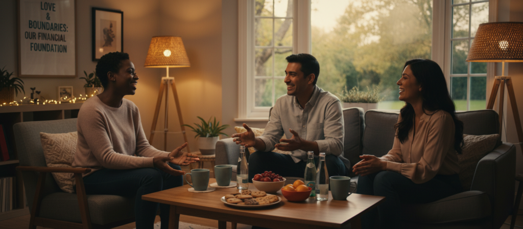 A warm, inviting scene of a small gathering of close friends and family in a cozy living room, emphasizing the themes of love and support. In the foreground, a diverse group of three adults, dressed in modest casual clothing, share laughter and engage in a heartfelt conversation, with friendly expressions and open body language. In the middle ground, a small coffee table is set with snacks and drinks, symbolizing generosity and togetherness. In the background, soft ambient lighting creates a relaxed atmosphere, with warm tones illuminating the room. A large window shows a hint of nature outside, suggesting a peaceful environment. The mood is joyful and intimate, showcasing the importance of relationships in managing finances with love and boundaries. A warm, inviting scene of a small gathering of close friends and family in a cozy living room, emphasizing the themes of love and support. In the foreground, a diverse group of three adults, dressed in modest casual clothing, share laughter and engage in a heartfelt conversation, with friendly expressions and open body language. In the middle ground, a small coffee table is set with snacks and drinks, symbolizing generosity and togetherness. In the background, soft ambient lighting creates a relaxed atmosphere, with warm tones illuminating the room. A large window shows a hint of nature outside, suggesting a peaceful environment. The mood is joyful and intimate, showcasing the importance of relationships in managing finances with love and boundaries.