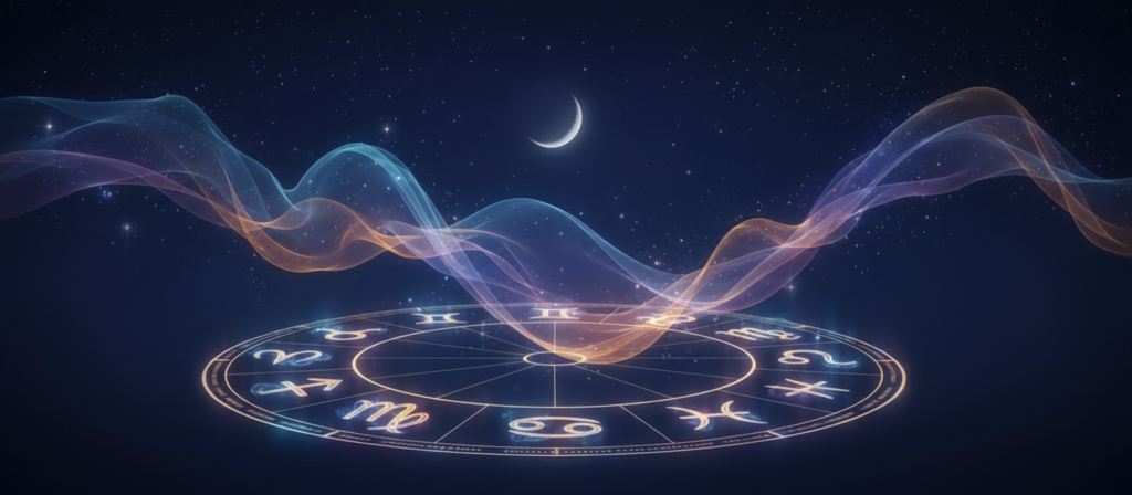 An ethereal composition illustrating zodiac signs in a harmonious balance. In the foreground, a circular arrangement of the twelve zodiac symbols, each elegantly crafted with intricate details and soft glowing edges. The middle ground features soft, swirling cosmic elements that represent the emotional compatibility between the signs, such as gentle gradients of blues and purples blending into warm golds. In the background, a serene night sky filled with twinkling stars and a soft crescent moon casting a calming light over the scene. The overall atmosphere is tranquil and introspective, evoking a sense of emotional security and connection. The lighting is soft and diffused, creating a magical yet soothing ambiance.