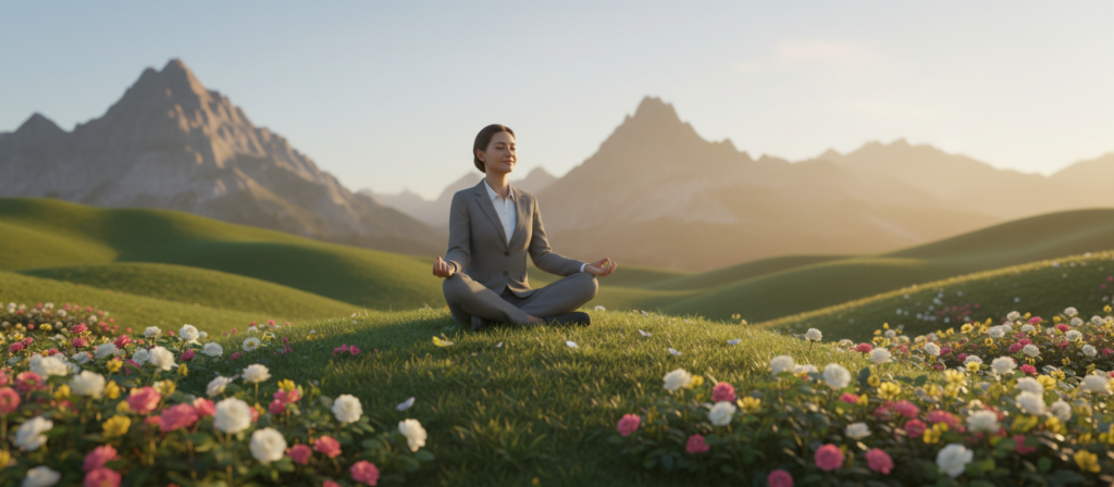 An ethereal landscape reflecting the spiritual mission of Taurus, featuring a serene figure in professional business attire meditating atop a grassy hill, surrounded by blooming flowers representing Venus's beauty and security. In the foreground, the figure embodies tranquility, with a gentle smile and hands resting on their knees, casting a sense of peace. The middle ground showcases lush greenery and majestic mountains bathed in soft, golden sunlight, symbolizing stability and grounding. The background features a sky transitioning from early morning soft blue to warm golden hues, evoking a harmonious atmosphere. The image captures a meditative state with a soft focus lens, emphasizing warmth and connection to nature, creating a mood of introspection and spiritual discovery.