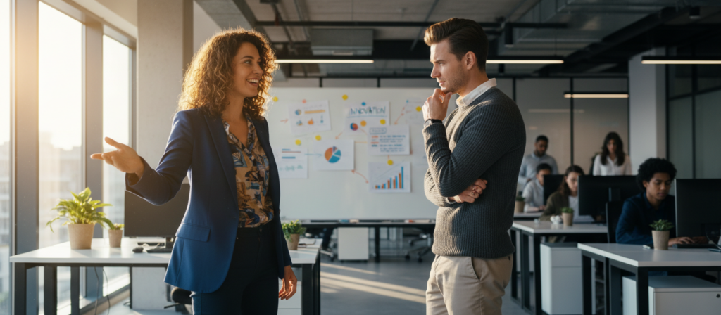 In a modern office setting, two individuals engage in a lively discussion, embodying the vibrant energy associated with Sagittarius. In the foreground, a confident person stands, gesturing animatedly, dressed in professional business attire, conveying passion and enthusiasm. The middle ground shows a second individual, slightly leaning forward, their expression a mix of intrigue and contemplation, also in smart casual clothing. Warm, natural lighting streams in from a large window, creating a dynamic contrast that highlights the intensity of the conversation. The background features sleek office décor, such as a whiteboard with colorful diagrams, adding context to the workplace atmosphere. The overall mood is energetic and collaborative, reflecting a sense of openness and spirited debate.