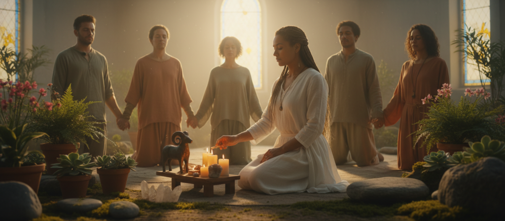 In a serene and tranquil spiritual setting, depict a group of diverse individuals engaging in conscious actions and rituals to transmute Aries karma. In the foreground, a woman in modest, flowing attire lights candles on a small altar adorned with crystals and symbolic representations of Aries, like a ram. In the middle, others participate in a meditative circle, holding hands and focusing their energies, surrounded by plants and subtle earth tones. In the background, a soft sunrise casts warm, golden light, enhancing the peaceful atmosphere. The scene should evoke a sense of unity, reflection, and spiritual growth, with gentle light highlighting the textures and details of the environment, creating a harmonious and uplifting mood.