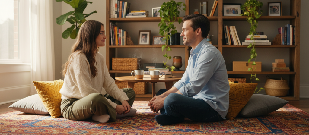 Two friends, a woman and a man, sit on a cozy, colorful rug in a sunlit room, engaged in a deep conversation that conveys emotional connection. The woman has long, wavy brown hair and is wearing a casual yet stylish outfit, while the man has short, neatly styled hair and is dressed in a smart-casual shirt. In the foreground, their expressions show empathy and understanding, with warm smiles. In the middle, soft cushions surround them, adding to the intimate atmosphere, along with a small coffee table with steaming mugs. In the background, a bookshelf filled with personal items and indoor plants enhances the warmth of the setting. The lighting is natural and soft, creating a peaceful and inviting ambiance. Two friends, a woman and a man, sit on a cozy, colorful rug in a sunlit room, engaged in a deep conversation that conveys emotional connection. The woman has long, wavy brown hair and is wearing a casual yet stylish outfit, while the man has short, neatly styled hair and is dressed in a smart-casual shirt. In the foreground, their expressions show empathy and understanding, with warm smiles. In the middle, soft cushions surround them, adding to the intimate atmosphere, along with a small coffee table with steaming mugs. In the background, a bookshelf filled with personal items and indoor plants enhances the warmth of the setting. The lighting is natural and soft, creating a peaceful and inviting ambiance.