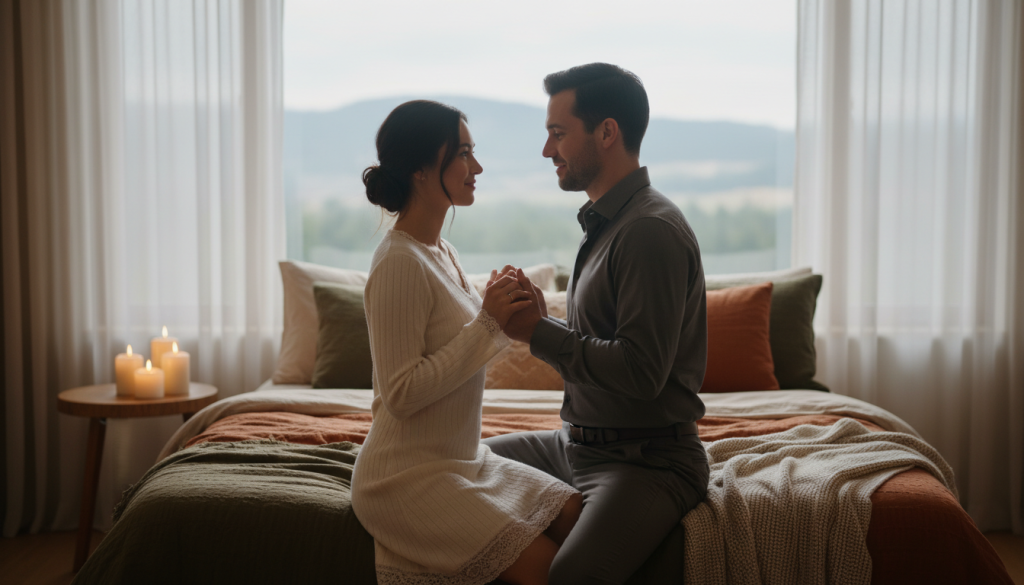 A Capricorn couple in a cozy, intimate setting, expressing a deep emotional connection. In the foreground, depict a woman in modest, elegant attire with soft features, and a man in smart casual clothing, both sharing a warm gaze. Their body language conveys comfort and understanding, with their hands gently touching. In the middle ground, include a softly lit bedroom, adorned with warm, earthy tones, plush pillows, and subtle romantic accents like candles. The background features a calming view through a window, with soft, diffused light casting a gentle glow over the scene. Capture the mood of intimacy and passion, evoking a sense of unity and connection between the partners. The scene should feel warm, inviting, and grounded, emphasizing their bond.