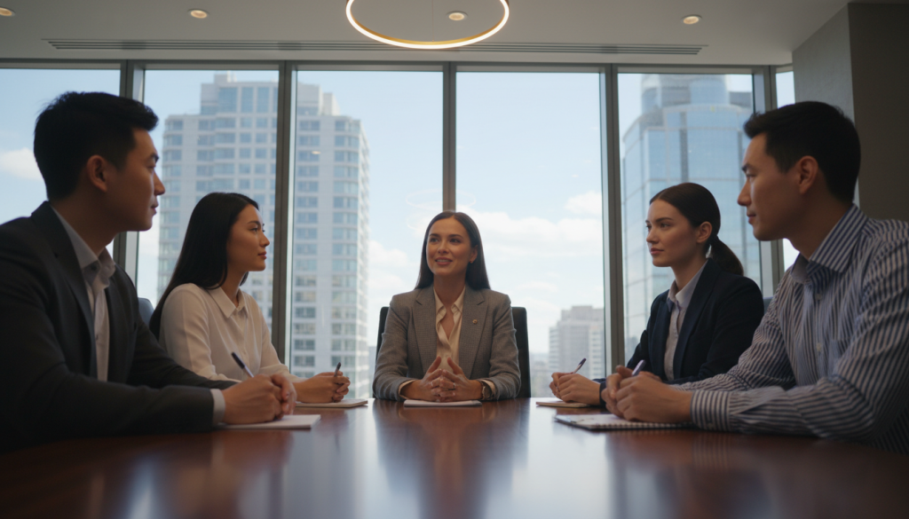 A balanced and harmonious scene depicting a Libra individual engaged in a calm and diplomatic discussion in a modern office setting. In the foreground, a well-dressed woman in professional attire sits at a sleek conference table, gesturing thoughtfully while maintaining a peaceful demeanor. In the middle ground, diverse colleagues listen attentively, their expressions calm and engaged, reflecting an atmosphere of mutual respect and understanding. The background features large windows showcasing a bright city skyline, allowing natural light to fill the space. Soft, ambient lighting creates a warm and inviting atmosphere, enhancing the sense of collaboration. Capture this moment from a slight low angle to emphasize the importance of communication and the Libra’s natural ability to navigate conflicts with grace and diplomacy. A balanced and harmonious scene depicting a Libra individual engaged in a calm and diplomatic discussion in a modern office setting. In the foreground, a well-dressed woman in professional attire sits at a sleek conference table, gesturing thoughtfully while maintaining a peaceful demeanor. In the middle ground, diverse colleagues listen attentively, their expressions calm and engaged, reflecting an atmosphere of mutual respect and understanding. The background features large windows showcasing a bright city skyline, allowing natural light to fill the space. Soft, ambient lighting creates a warm and inviting atmosphere, enhancing the sense of collaboration. Capture this moment from a slight low angle to emphasize the importance of communication and the Libra’s natural ability to navigate conflicts with grace and diplomacy.