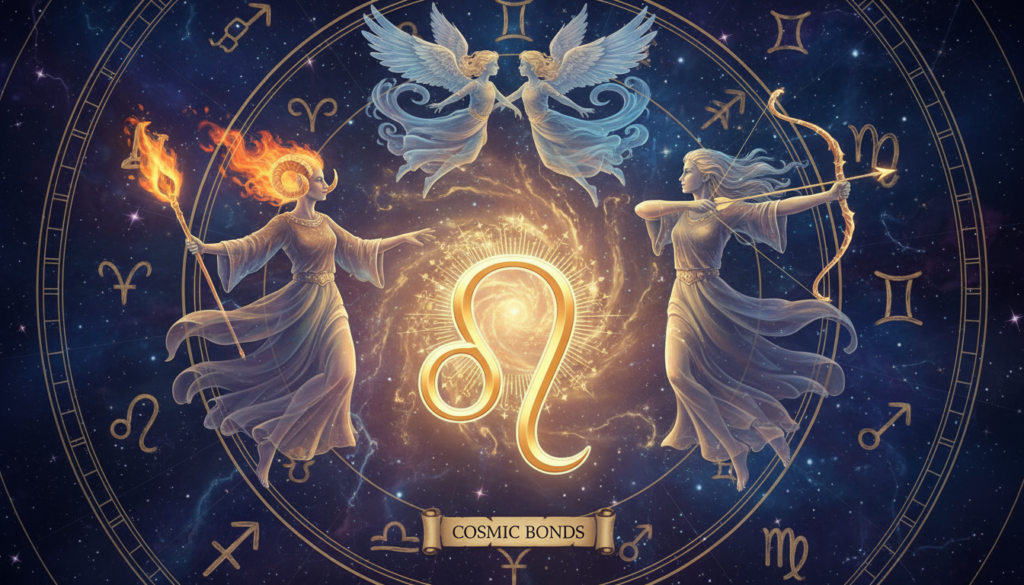 A beautifully designed illustration of zodiac signs compatibility featuring Leo in the foreground. Display the Leo symbol (♌) prominently surrounded by the compatible signs: Aries, Sagittarius, and Gemini, depicted as celestial beings in a harmonious pose, showcasing their vibrant personalities. In the middle background, a soft cosmic scene filled with stars and zodiac constellations, creating a sense of connection and depth. The lighting is warm and ethereal, casting a gentle glow on the Leo symbol and its companions, highlighting the intensity of their connections. The overall mood should convey warmth, depth, and a sense of communication, with a color palette of warm golds, deep blues, and soft purples. The composition should evoke a feeling of time and understanding in relationships. A beautifully designed illustration of zodiac signs compatibility featuring Leo in the foreground. Display the Leo symbol (♌) prominently surrounded by the compatible signs: Aries, Sagittarius, and Gemini, depicted as celestial beings in a harmonious pose, showcasing their vibrant personalities. In the middle background, a soft cosmic scene filled with stars and zodiac constellations, creating a sense of connection and depth. The lighting is warm and ethereal, casting a gentle glow on the Leo symbol and its companions, highlighting the intensity of their connections. The overall mood should convey warmth, depth, and a sense of communication, with a color palette of warm golds, deep blues, and soft purples. The composition should evoke a feeling of time and understanding in relationships.