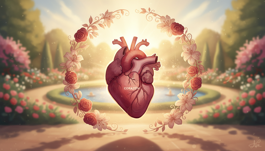 A beautifully detailed illustration of a heart ("corazón"), symbolizing empathy and tenderness, situated prominently in the foreground. The heart should be depicted in vibrant, warm colors—deep reds and soft pinks—reflecting warmth and care. Surrounding the heart, intricate floral patterns and soft, ethereal light create a sense of harmony and gentleness. In the middle background, hints of a tranquil garden softly blurred, suggesting a peaceful atmosphere. The lighting should be soft and diffused, reminiscent of a golden hour glow, casting gentle shadows. The overall mood is serene and nurturing, evoking a sense of love and connection, perfect for illustrating themes of empathy and care associated with Libra. No text or additional elements should clutter the scene.