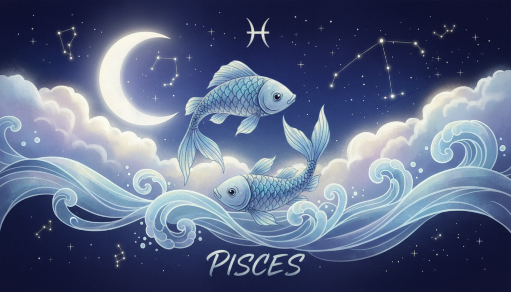A beautifully illustrated depiction of the Pisces zodiac sign, featuring two fish swimming harmoniously in a celestial backdrop. In the foreground, the fish are intricately detailed, showcasing their scales shimmering with shades of blue and silver. They are intertwined amidst flowing waves, symbolizing connection and intuition. In the middle ground, soft, ethereal clouds swirl gently, reflecting a moonlit glow that bathes the scene in serene light. The background features a starry night sky, filled with constellations, adding a mystical atmosphere. The overall mood is tranquil and contemplative, inviting viewers to explore the depths of their hidden fears and the potential for personal growth through astrology. The lighting is soft and diffuse, enhancing the dream-like quality of the scene.