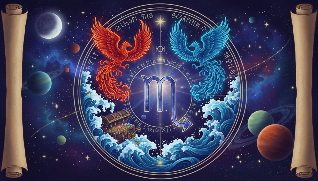 A beautifully illustrated representation of a "carta" symbolizing Scorpio in astrology. In the foreground, a detailed astrological chart featuring the Scorpio constellation, with vibrant colors like deep blues and purples representing water elements. The middle ground showcases symbols of the eighth house, including imagery of transformation and rebirth, such as phoenixes and ocean waves. In the background, a celestial scene filled with twinkling stars and planets to evoke a sense of cosmic energy. Soft, ethereal lighting bathes the entire composition, with a focus on the Scorpio symbol, highlighting its intensity and depth. The overall mood is spiritual and introspective, inviting viewers to reflect on emotions and the mysteries of the soul's journey.