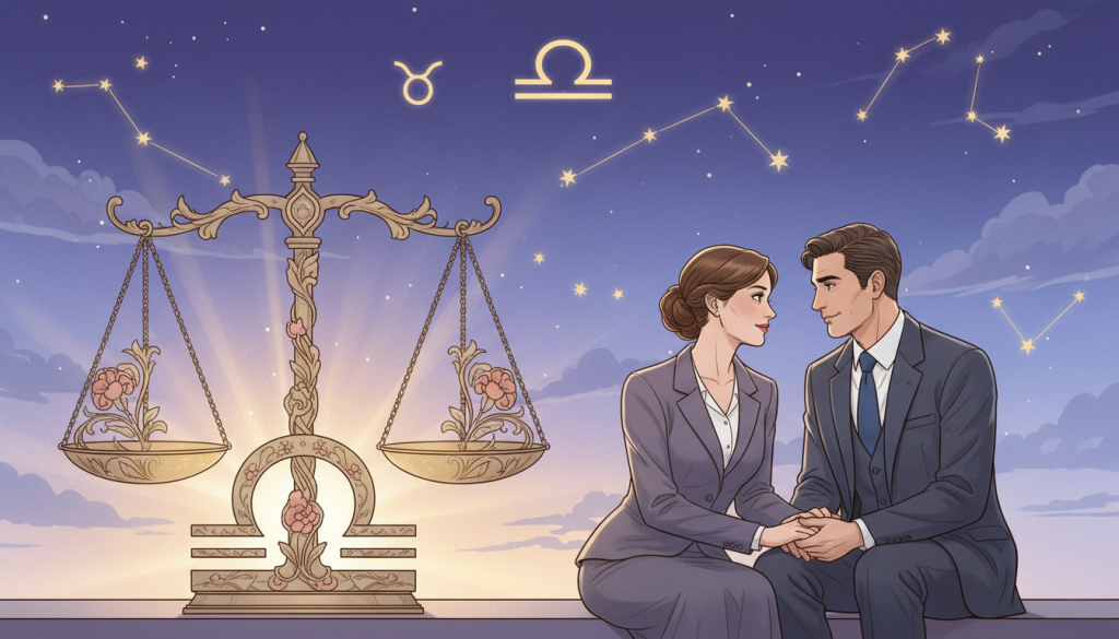 A beautifully illustrated scene depicting the zodiac sign Libra and its compatibility in love. In the foreground, an elegant Libra symbol, represented by the scales, adorned with subtle floral designs. To the right, there are two figures, a man and a woman, dressed in professional attire, sitting closely together, gazing affectionately at one another to showcase harmony and stability. The middle ground features a backdrop of celestial elements — constellations and soft, glowing stars representing Libra's zodiac. In the background, a twilight sky, filled with gentle hues of purple and blue, creates a serene atmosphere. The lighting is soft and warm, casting a gentle glow on the characters and the Libra symbol, evoking feelings of support and love. The composition evokes a sense of balance and tranquility, emphasizing the theme of stable relationships.