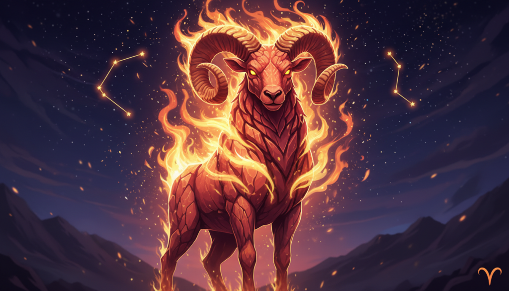 A bold and vibrant representation of the Aries zodiac sign, characterized by fiery colors like red, orange, and hints of yellow. In the foreground, depict a stylized ram with a strong, confident stance, its textured horns spiraling gracefully. In the middle ground, integrate warm flames gently swirling around the ram, evoking the essence of fire. The background should showcase a starry night sky, with constellations subtly twinkling to highlight the astrological theme. Use soft, dramatic lighting to cast an ethereal glow on the ram, enhancing its powerful presence. The overall mood should be dynamic and energetic, capturing the passionate and adventurous spirit of Aries in friendship.