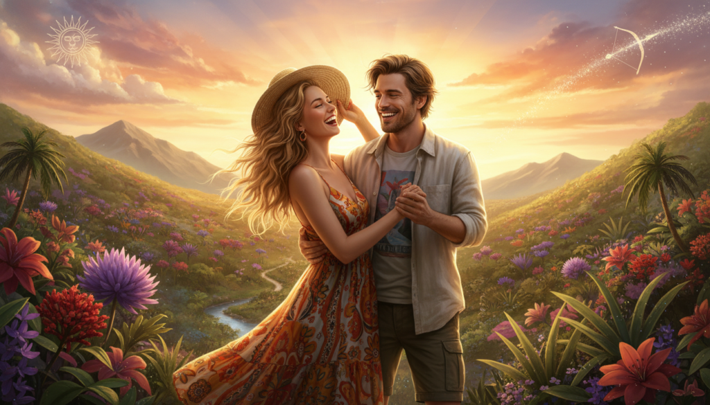 A bright, vibrant scene depicting a Leo and Sagittarius pairing, symbolizing their adventurous and playful connection. In the foreground, a cheerful, stylishly dressed couple—a man and a woman—are sharing a moment of laughter and joy, embodying their dynamic personalities. The woman has warm, wavy hair with a golden hue, while the man sports a fun, adventurous look with tousled hair. In the middle ground, a colorful landscape filled with lush greenery and blooming flowers reflects a sense of exploration and growth, hinting at their shared love for adventure. The background features a sky painted in warm sunset tones, with soft sunlight illuminating the scene, creating an uplifting and energetic atmosphere. The overall mood is light-hearted and spirited, capturing the essence of a fun match between Leo and Sagittarius.
