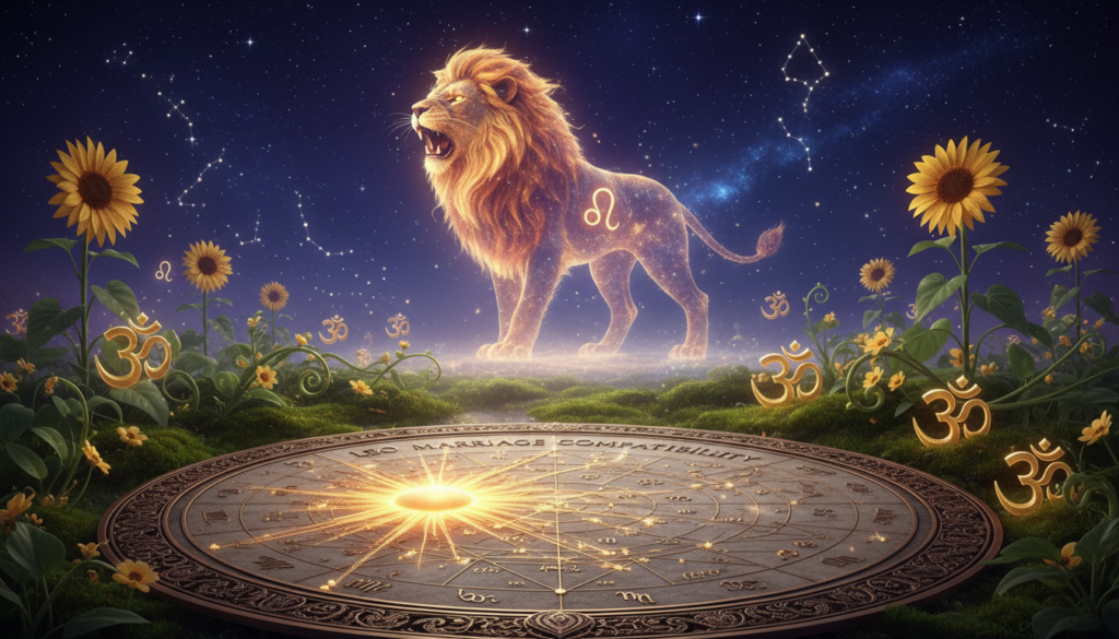 A captivating astrological scene centered around the Leo zodiac sign, depicting a roaring lion under a starry night sky. In the foreground, an intricately designed astrological chart displays planetary alignments, with vibrant golden and fiery hues representing Leo's ruling planet, the Sun. In the middle ground, a tranquil celestial garden filled with lush greenery and symbolic elements like sunflowers and delicate om symbols creates an aura of harmony and balance. The background features a vast sky full of twinkling stars, emphasizing the cosmic influences on Leo’s marriage. Soft, ethereal lighting casts gentle shadows, enhancing the mystical atmosphere. The overall mood evokes intrigue and wisdom, perfect for exploring the factors influencing Leo’s marital compatibility, while maintaining a professional and inviting appearance. A captivating astrological scene centered around the Leo zodiac sign, depicting a roaring lion under a starry night sky. In the foreground, an intricately designed astrological chart displays planetary alignments, with vibrant golden and fiery hues representing Leo's ruling planet, the Sun. In the middle ground, a tranquil celestial garden filled with lush greenery and symbolic elements like sunflowers and delicate om symbols creates an aura of harmony and balance. The background features a vast sky full of twinkling stars, emphasizing the cosmic influences on Leo’s marriage. Soft, ethereal lighting casts gentle shadows, enhancing the mystical atmosphere. The overall mood evokes intrigue and wisdom, perfect for exploring the factors influencing Leo’s marital compatibility, while maintaining a professional and inviting appearance.